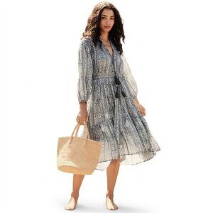 DÔEN Normandy Midi Dress Blue Paisley Floral Cotton XS - Coastal Cottagecore